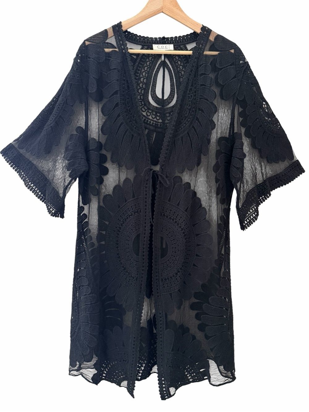 COC Black Crochet Mesh Lace Kimono Womens One Size Tie Front Sheer Curvy Fit